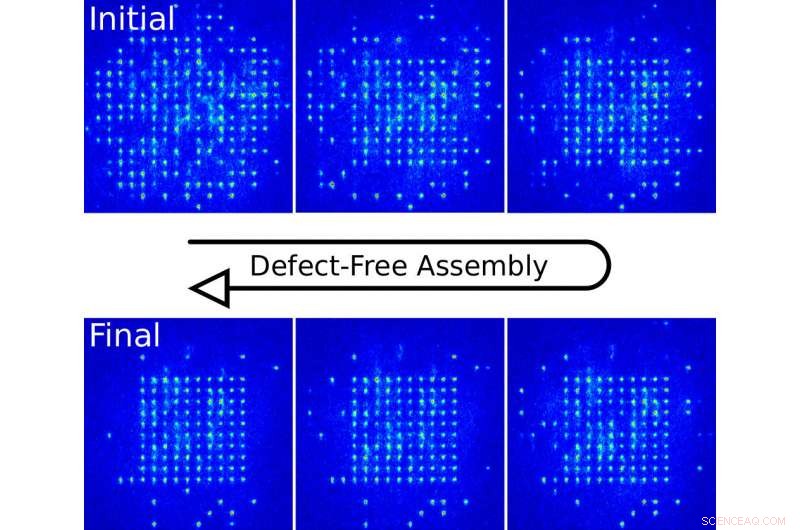Defect‑Free Assembly of 2‑D Clusters with 100+ Single‑Atom Quantum Systems