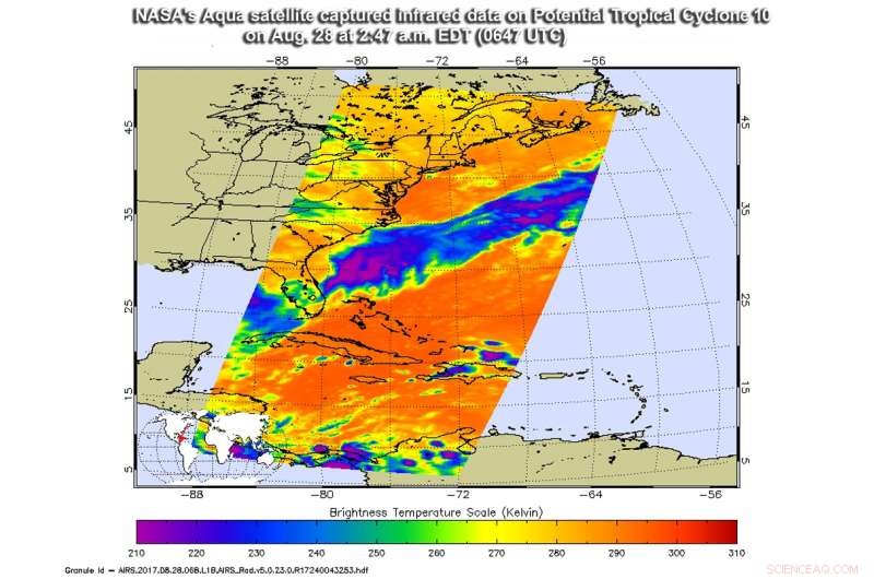 NASA s Aqua Satellite Captures Infrared Temperatures of Potential Tropical Cyclone 10