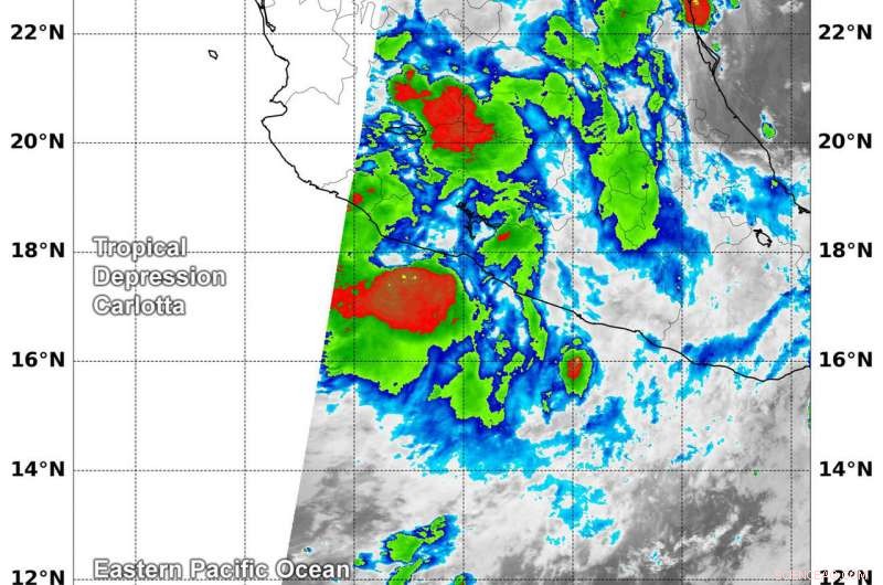 NASA Detects Powerful Storms in Tropical Depression Carlotta Over Mexico and Eastern Pacific