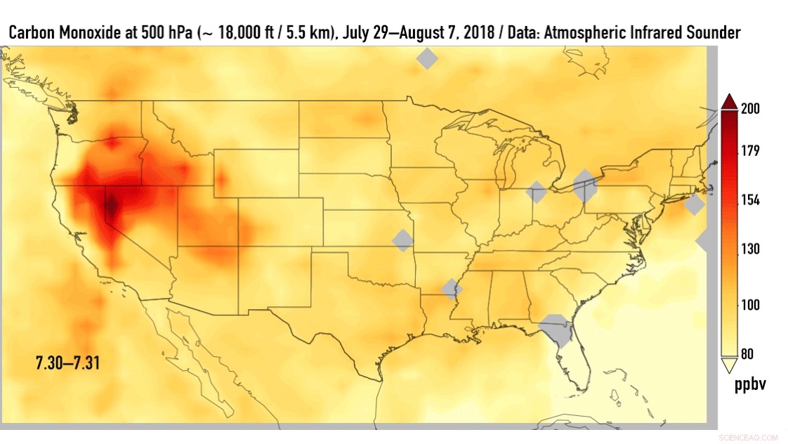 California Wildfires Release Carbon Monoxide that Drifts Eastward Across the U.S.
