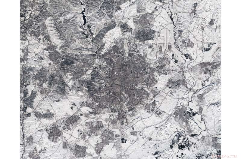 Snowy Madrid Captured by Sentinel‑2: A Stunning Black‑and‑White Image