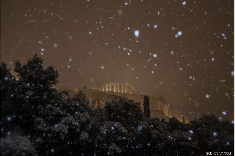 Rare Snow Covers Athens  Acropolis, Temporarily Halting Vaccinations