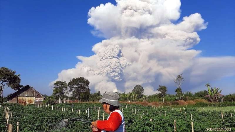 Mount Sinabung Erupts: Massive Ash Column Blasts Into Blue Sky
