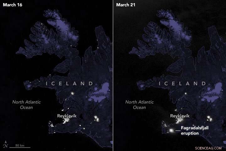 New Icelandic Volcano Illuminates Island from Space at Night