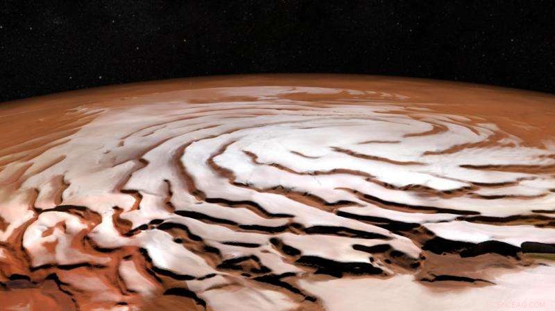 ESA’s Mars Express Captures Spiraling Ice Troughs on Mars’ North Pole