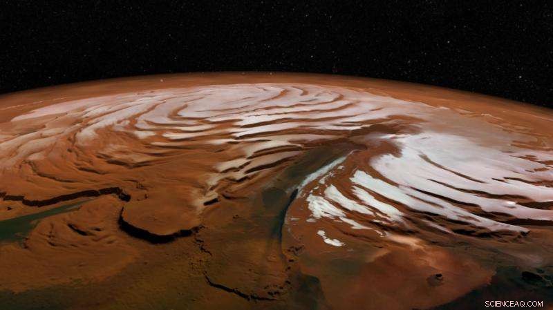 ESA’s Mars Express Captures Spiraling Ice Troughs on Mars’ North Pole