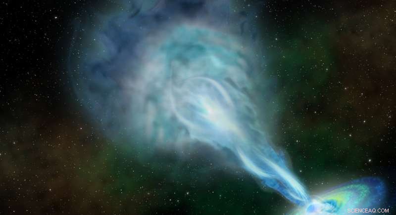 Plasma-spewing Quasar Illuminates the Early Universe and Galaxy Formation
