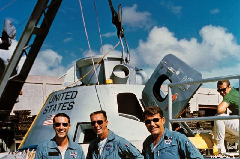 Apollo 7 Crew Practices Water Egress to Validate Lunar Mission Technology