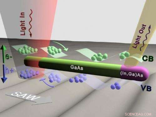 Transporting Light Along Semiconductor Nanowires Using Surface Acoustic Waves