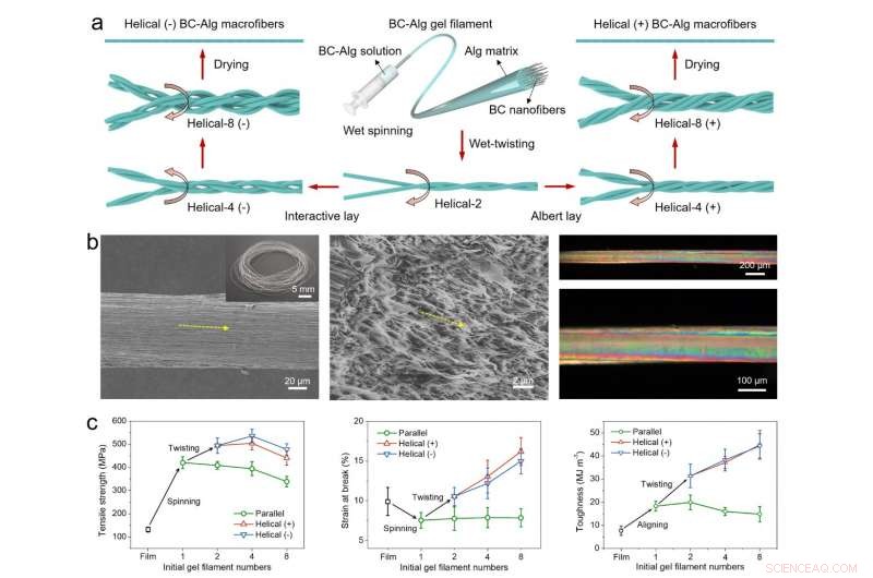 Bioinspired Helical Nanocomposite Fibers: Strong, Tough, Biomass-Based Innovation