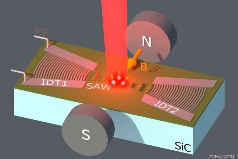 Nano‑Scale Acoustic Waves Control Spin Centers in Silicon Carbide