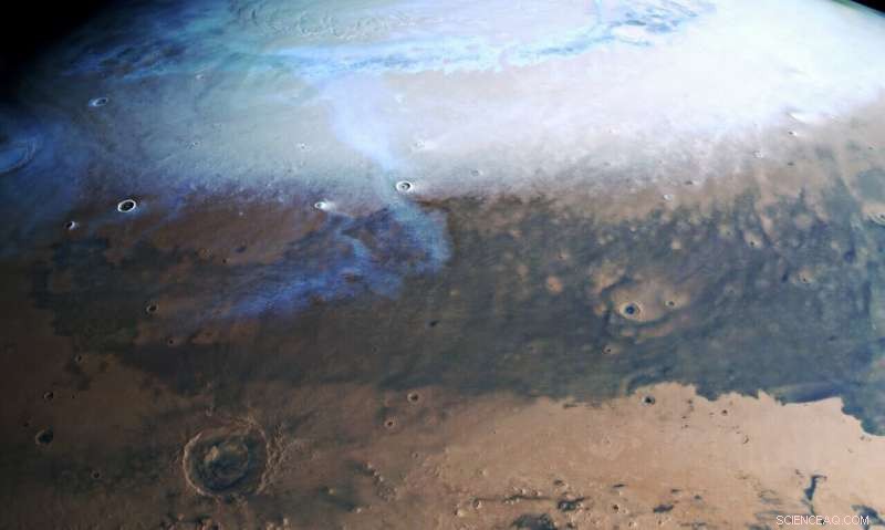 Mars Express Reveals Detailed Views of the Planet’s Northern Polar Cap and Cratered Terra Sabaea & Arabia Terra