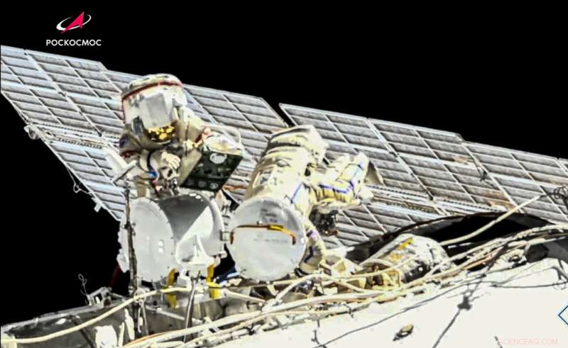 Russian Cosmonauts Oleg Novitsky and Pyotr Dubrov Conduct First ISS Spacewalk to Replace Batteries