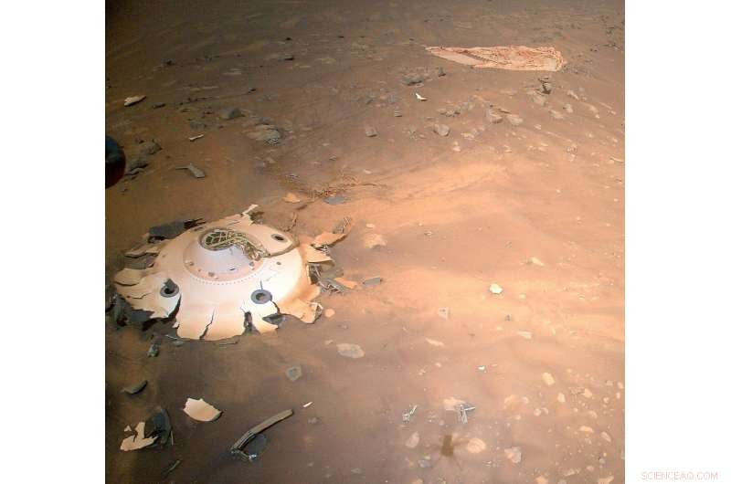 Ingenuity Helicopter Captures Perseverance’s Parachute and Backshell During Mars Landing
