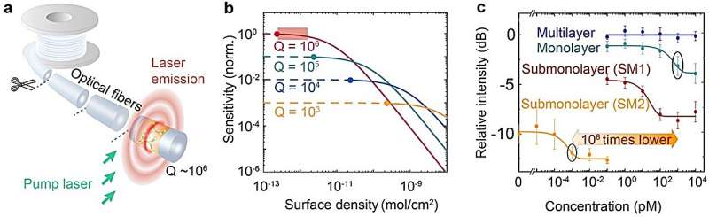 Submonolayer Biolasers: Enhanced Sensitivity for Biosensing Applications